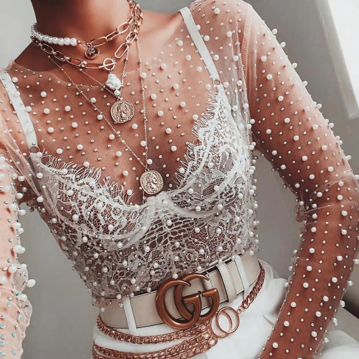 Toya Mesh and Pearl Crop Top Blouse