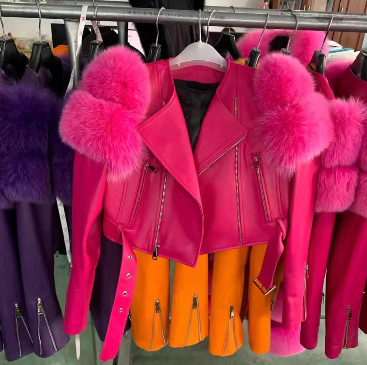 Crystal - Leather and Fox Fur Cropped Motorcycle Jacket