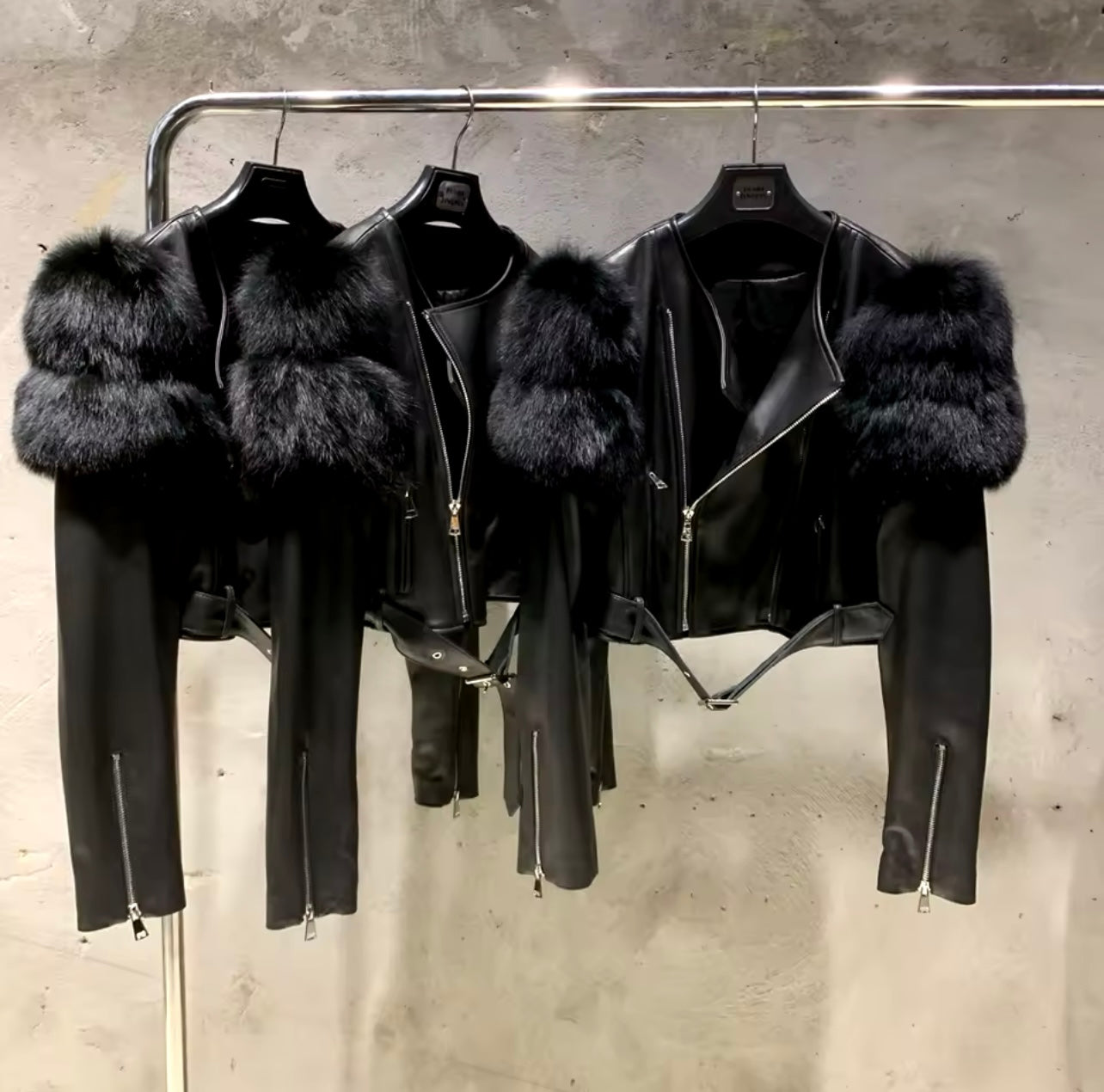 Crystal - Leather and Fox Fur Cropped Motorcycle Jacket