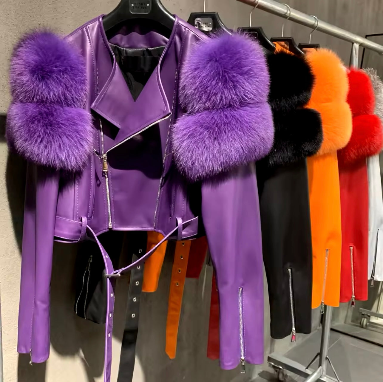 Crystal - Leather and Fox Fur Cropped Motorcycle Jacket