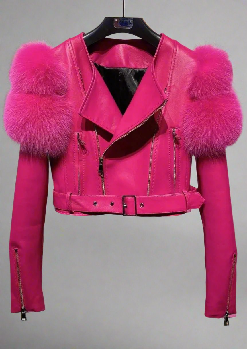 Crystal - Leather and Fox Fur Cropped Motorcycle Jacket