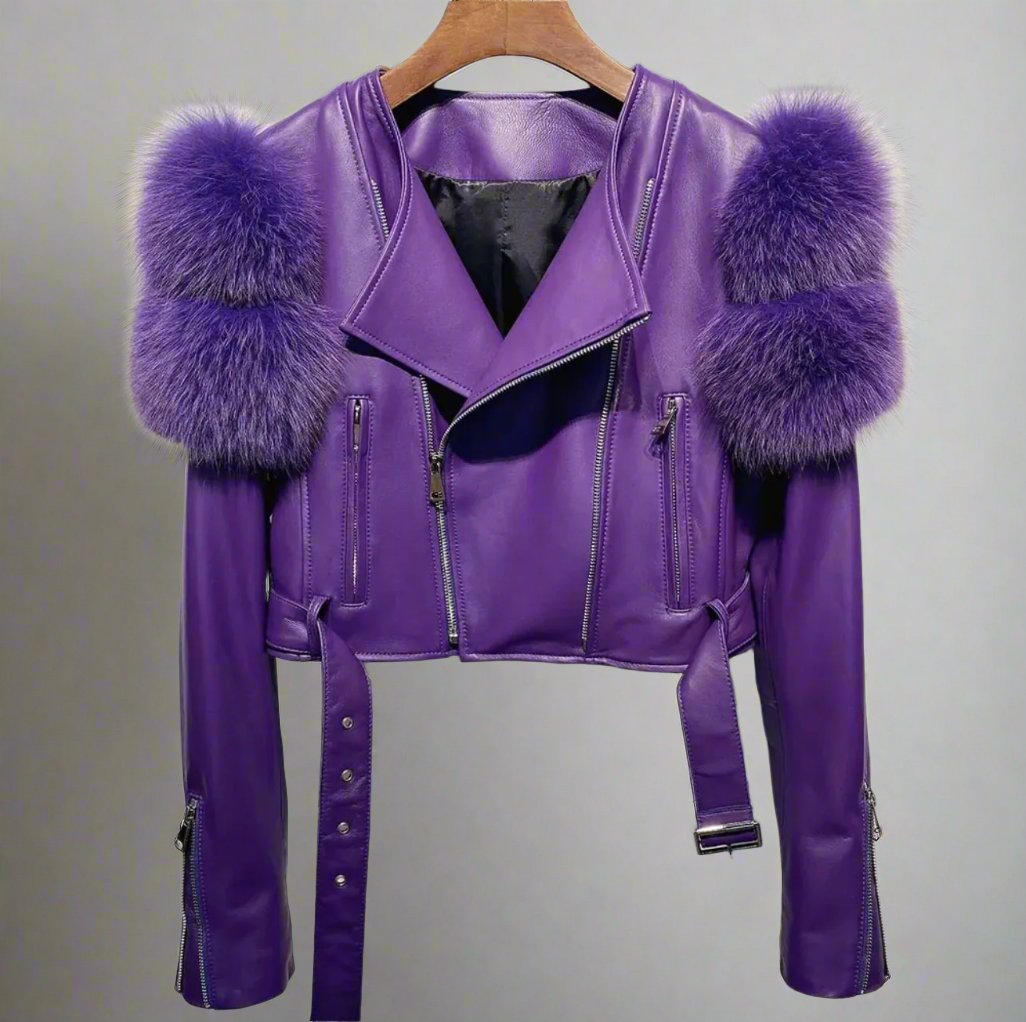 Crystal - Leather and Fox Fur Cropped Motorcycle Jacket