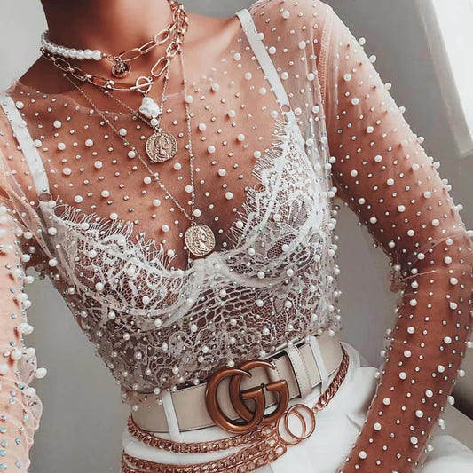 Toya Mesh and Pearl Crop Top Blouse