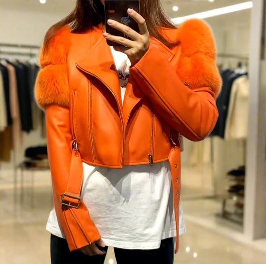 Crystal - Leather and Fox Fur Cropped Motorcycle Jacket